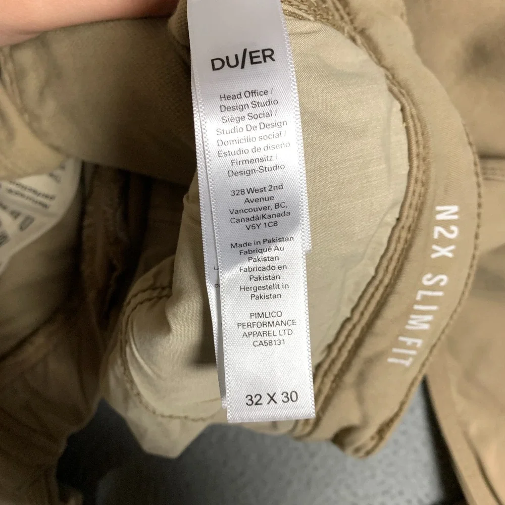 Du/er N2X‎ Pants No Sweat Men's 32 x 32 Khaki Stretch Performance Slim Tapered